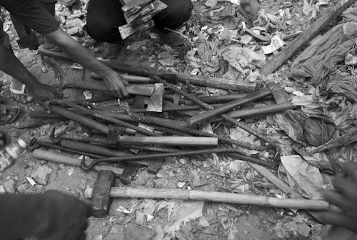 CAMBODIA. Phnom Penh. 24/01/2009: Tools of the workers hired to destroy houses during the final eviction of Dey Krohom.
