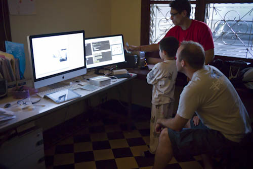 CAMBODIA. Phnom Penh. 7/01/2012: Robert Starkweather and Robert Carmichael working on 'The Quest' iApp.