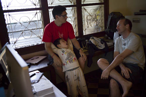 CAMBODIA. Phnom Penh. 7/01/2012: Robert Starkweather and Robert Carmichael working on 'The Quest' iApp.