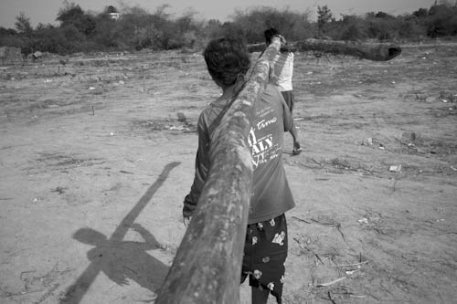 CAMBODIA. Phnom Bat (Kandal). 27/01/2012: Carrying construction timber at forced relocation site for Borei Keila evicted.
