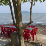 CAMBODIA. Kep. 7/04/2013: Seaside restaurants near the crab sculpture.