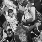 FRANCE. Avoriaz. 09/07/1985: Bernard Hinault recovering amongst a crowd of fans and journalists after he won today's leg of the Tour De France.