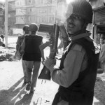 INDIA. Srinagar (Jammu & Kashmir). 6/09/1996: Police patrolling the streets after having dispersed a pelting manifestation triggered by a speech calling for independence by Umar Farooq of All Parties Hurriyet held at the Jamiat Mashid mosque.