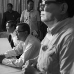 CAMBODIA. Phnom Penh. 26/08/2013: Sam Rainsy, President of the CNRP, and Son Chhay, MP, at the press conference at the Chak Angre opposition CNRP (Cambodian National Rescue Party) HQ regarding the alleged frauds during the 2013 parliamentary elections and ahead of a mass demonstration planned for later the same day.