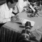 CAMBODIA. Phnom Penh. 29/08/2013: Yim Sovann, MP and Sam Rainsy, President of the CNRP, at a press conference at the opposition CNRP HQ regarding alleged frauds during the 2013 parliamentary elections which saw a large shift in seats from the CPP to the CNRP.