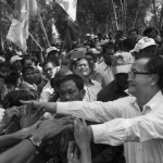 CAMBODIA. Vihear Suor (Kandal). 9/09/2013: Sam Rainsy, President of the opposition CNRP, greeting supporters at a post election results rallye.