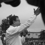 CAMBODIA. Phnom Penh. 17/09/2013: Sam Rainsy, CNRP President, addressing the crowd of supporters a last time at the third and last day of a mass demonstration at Freedom Park by the opposition CNRP to dispute the 2013 legislative elections.