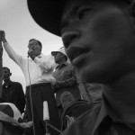 CAMBODIA. Phnom Penh. 17/09/2013: Kem Sokha and Sam Rainsy, co-presidents of the CNRP, addressing the crowd of supporters for a last time at the third and last day of a mass demonstration at Freedom Park by the opposition CNRP to dispute the 2013 legislative elections.