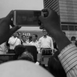 CAMBODIA. Phnom Penh. 6/10/2013: The opposition CNRP leaders, Kem Sokha, Ho Vann, Yim Sovann and Sam Rainsy in front of supporters at a 'public forum' at 'Freedom Place', two weeks after the CNRP boycotted the opening ceremony of the 2013 legislature.