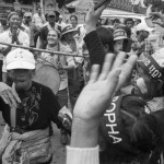 CAMBODIA. Phnom Penh. 22/11/2013: Supporters cheering Yorm Bopha, land rights activist, after she was freed on bail by the Supreme Court and the case was sent back to the appeals court for further investigation.