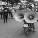 CAMBODIA. Phnom Penh. 31/12/2013: Sound system from garment factory workers on a strike to rise their salaries to 160$ per month, and blocking Russian Boulevard at the Ministry of Labour.