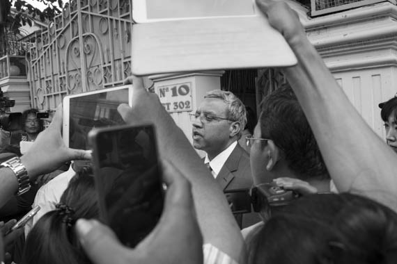 CAMBODIA. Phnom Penh. 13/01/2014: Surya Subedi, UN Special Rapporteur to Cambodia, addressing the demonstrators when some 80 workers' unions representatives, monks and activists gathered in front of the UNHCHR to deliver a petition requesting the liberation of 23 workers, activists and union leaders who were arrested during the violent crackdowns on striking workers of January 2nd and 3rd.