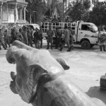 CAMBODIA. Treuy Sla (Kandal). 21/01/2014: CPP sympathisers, mostly from outside the commune, and riot police occupy the grounds, forcing the opposition CNRP to cancel a planned gathering with Sam Rainsy and Kem Sokha, CNRP co-presidents, and villagers.