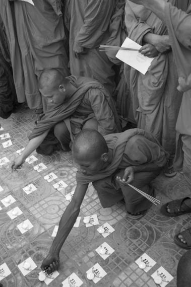 CAMBODIA. Phnom Penh. 01/02/2014: Monks from the Independent Monk Network for Social Justice (IMNSJ), prepare a ceremony for the garment workers who were killed during the crackdown by the army on striking workers on January 3rd and request the liberation of 23 jailed that and the previous day.