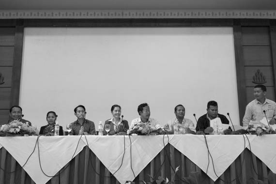 CAMBODIA. Phnom Penh. 10/02/2014: Ahead of a march to the Preah Ang Dong riverside pagoda, members of various unions hold a meeting in a conference room of the Imperial Hotel. A whole series of simultaneous events were organised, both in Cambodia and in front of Cambodian embassies abroad, one day ahead of the appeal hearing to grant bail to 21 of the 23 people jailed during the violent crackdown by the army on striking workers this early january.