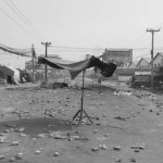 CAMBODIA. Phnom Penh.3/01/2014: Umbrella on Veng Sreng road, temporarily cleared from striking workers by a brutal crackdown by armed forces.