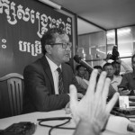 CAMBODIA. Phnom Penh 10/04/2014: Sam Rainsy, co-president of the opposition CNRP, at a press conference announcing the near completion of an agreement with the ruling CPP regarding the electoral reform and the next election date.