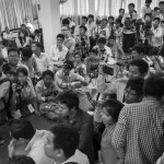 CAMBODIA. Phnom Penh 10/04/2014: Journalists listening to Sam Rainsy, co-president of the opposition CNRP, at a press conference announcing the near completion of an agreement with the ruling CPP regarding the electoral reform and the next election date.