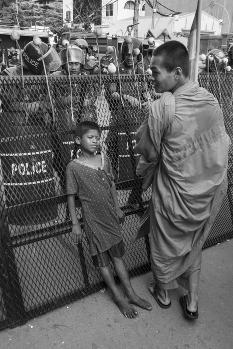 CAMBODIA, Phnom Penh. 20/05/2014: Demonstration near the Phnom Penh Municipality Court during the trial of 23 workers and union leaders arrested during the violent crackdown on striking workers which resulted in 6 strikers killed on January 3rd.