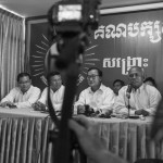 CAMBODIA, Phnom Penh. 9/06/2014: Pol Hom, CNRP MP, Kem Sokha, Sam Rainsy, opposition CNRP co-presidents, and Hong Sok Hour, CNRP senator, at a press conference at the CNRP headquarters after the CNRP was prevented to lead a meeting in Anlong Veng, former Khmer Rouge stronghold.