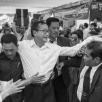 Cambodia, Phnom Penh. 4/06/2014: Sam Rainsy, opposition CNRP co-president, greeting the public at the commemoration ceremony for the loss of Kampuchea Krom to Vietnam in 1949, at the Samaki Reangsey pagoda.