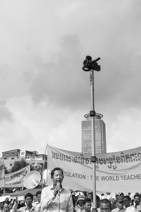 CAMBODIA, Phnom Penh. 5/10/2014: Rong Chhun, leader of the teacher's union, addressing the crowd at a demonstration on World Teacher Day.